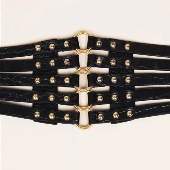 Last one! Black Cage faux leather wide Belt gold hardware - Picture 3 of 8